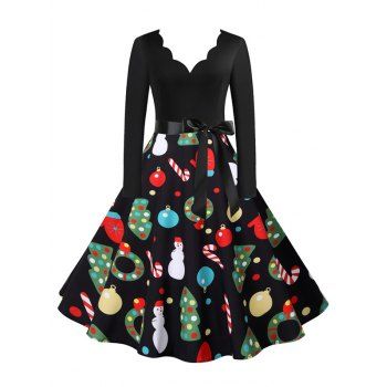 

Christmas Santa Claus Snowman Scalloped V Neck Belted Dress, Multicolor b