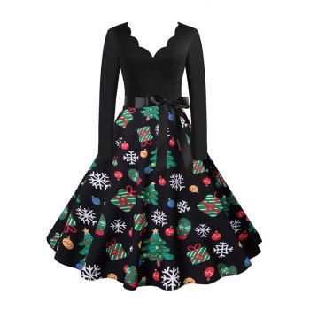 

Christmas Snowflake Elk Tree Print Scalloped V Neck Belted Dress, Multicolor a