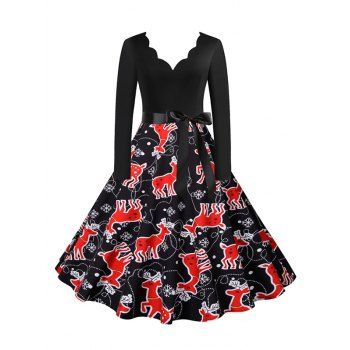 

Christmas Snowflake Elk Tree Print Scalloped V Neck Belted Dress, Multicolor b