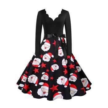 

Christmas Santa Claus Snowman Scalloped V Neck Belted Dress, Multicolor a