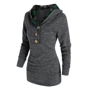 

Plaid Print Hooded Heathered Sweater, Ash gray
