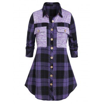 

Plus Size Pocket Plaid Longline Shirt, Purple