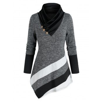 

Colorblock Shawl Collar Asymmetric T Shirt, Gray