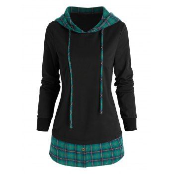 

Drawstring Plaid Pattern Faux Twinset Hoodie, Multicolor a