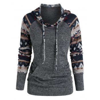 

Geometric Print Panel Raglan Sleeve Hoodie, Ash gray