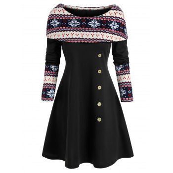 

Christmas Snowflake Print Foldover Dress, Black