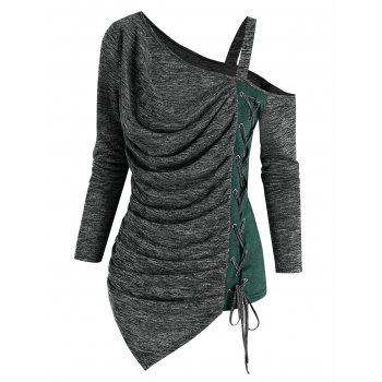 

Asymmetric Skew Neck Cowl Front Lace Up Tee, Multicolor b