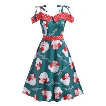 

Plus Size Cold Shoulder Christmas Santa Claus Print Dress, Deep green