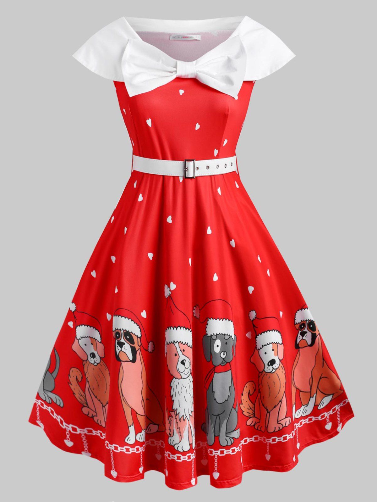 Belted Bowknot Christmas Puppy Dog Heart Plus Size Dress - RED 1X