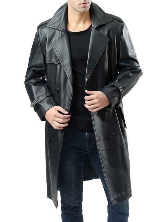 Manteau Ceinturé en Faux Cuir à Double Boutonnage - Noir XL
