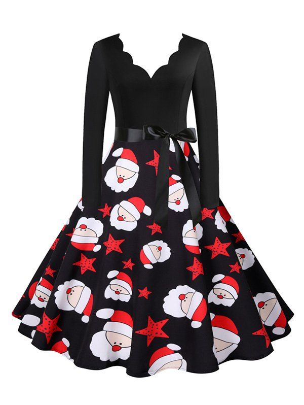 Christmas Santa Claus Snowman Scalloped V Neck Belted Dress - multicolor A XXL
