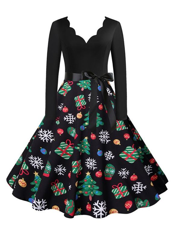 Robe Ceinturée Festonnée à Imprimé Élément de Noël à Col en V - multicolor A S