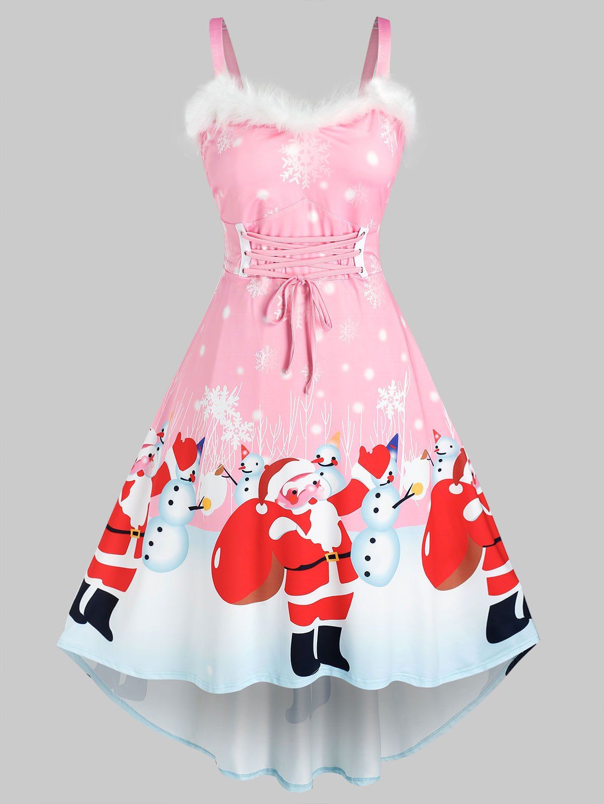 Plus Size Christmas Snowman Santa Claus Faux Fur Insert Lace Up Dress - LIGHT PINK 4X