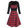 Ensemble de Mini Robe Vintage à Carreaux à Bretelles en Ligne A et de Haut Noué Boutonné à Manches Longues - Noir 2XL