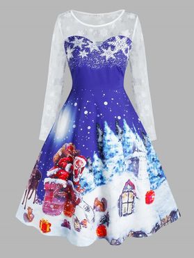 Plus Size Christmas Snowflake Claus Mesh Sheer Yoke Dress