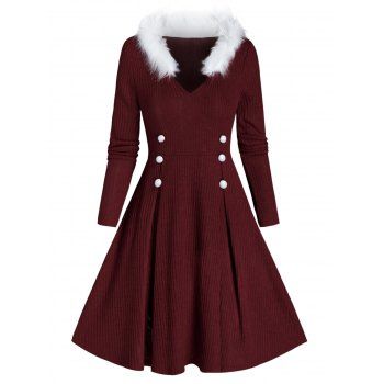 

Faux Fur Panel Ribbed Sweater Dress, Red wine