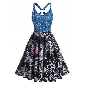 

Christmas Snowflake Print O-ring A Line Dress, Deep blue