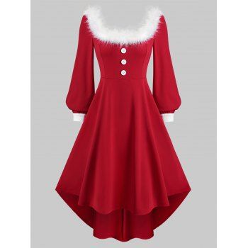 

Christmas Faux Fur Collar Long Sleeve High Low Dress, Red