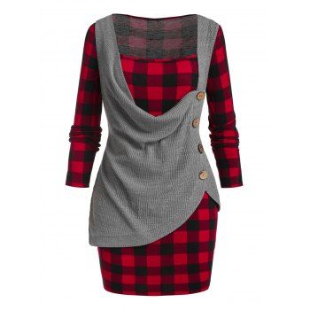 Image of Plus Size Cowl Front Knitwear and Plaid Dress Set