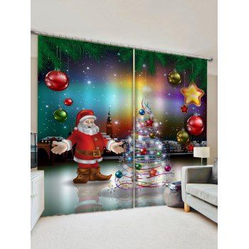 

2 Panels Santa Christmas Tree Print Window Curtains, Multicolor