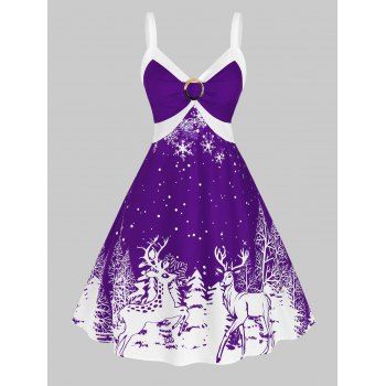 

Christmas Plus Size O Ring Elk Print Dress, Purple iris