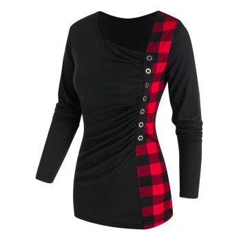 

Plaid Panel Grommet Ruched T Shirt, Black