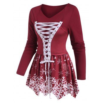 

Lace-up Christmas Snowflake Print Long Sleeve Top, Deep red