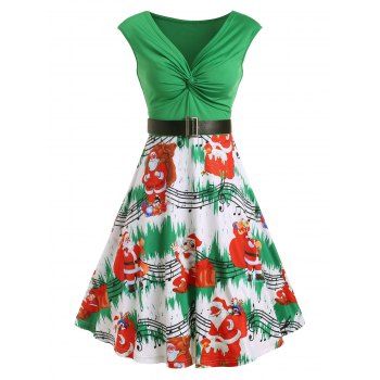 

Christams Twist Front Santa Claus Musical Note Print Dress, Green