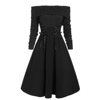 

Lace Up Corset Style Knit Mixed Media Off Shoulder Dress, Black
