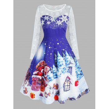 

Plus Size Christmas Snowflake Claus Mesh Sheer Yoke Dress, Blue