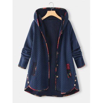 

Plus Size Hooded Contrast Trim Embossed Single Breasted Coat, Deep blue