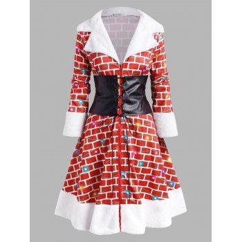 

Plaid Fluffy Panel Corset Belt Christmas Plus Size Coat, Red
