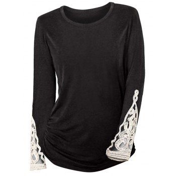 

Crochet Lace Insert Ruched Sides Long Sleeve T Shirt, Black