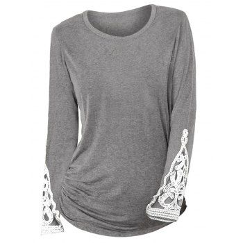 

Crochet Lace Insert Ruched Sides Long Sleeve T Shirt, Light gray
