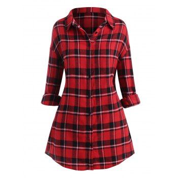 

Plus Size Plaid Drop Shoulder Button Up Shirt, Red
