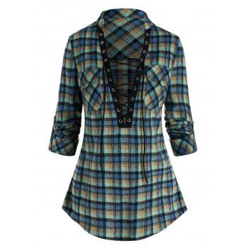 

Plaid Print Double Pockets Lace-up Blouse, Multicolor a