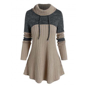 Image of Cable Knit Colorblock Drawstring Turtleneck Sweater