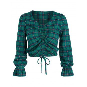 

Plaid Print Cinched Cropped Blouse, Greenish blue