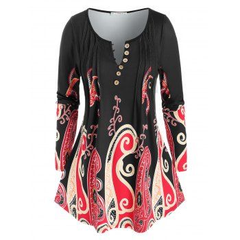 

Plus Size Octopus Pattern Pintuck Long Sleeve Tee, Multicolor