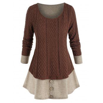 

Plus Size Colorblock Knitted Mock Button Twofer T Shirt, Deep brown