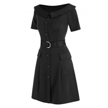 

Boat Neck Pockets Mini A Line Dress, Black