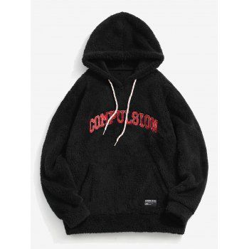 

Kangaroo Pocket Letter Embroidered Fluffy Hoodie, Black