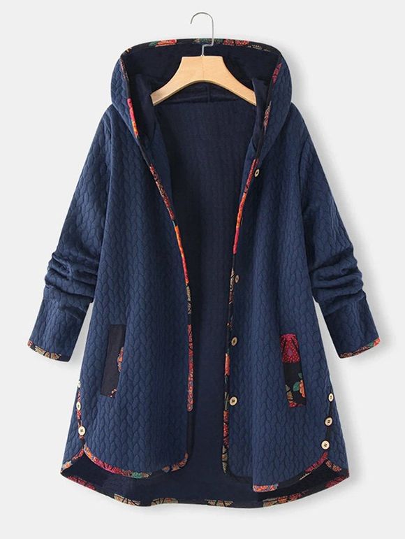 Manteau à Capuche Gaufrage de Grande Taille à Simple Boutonnage à Ourlet Contrasté - Bleu profond 4XL