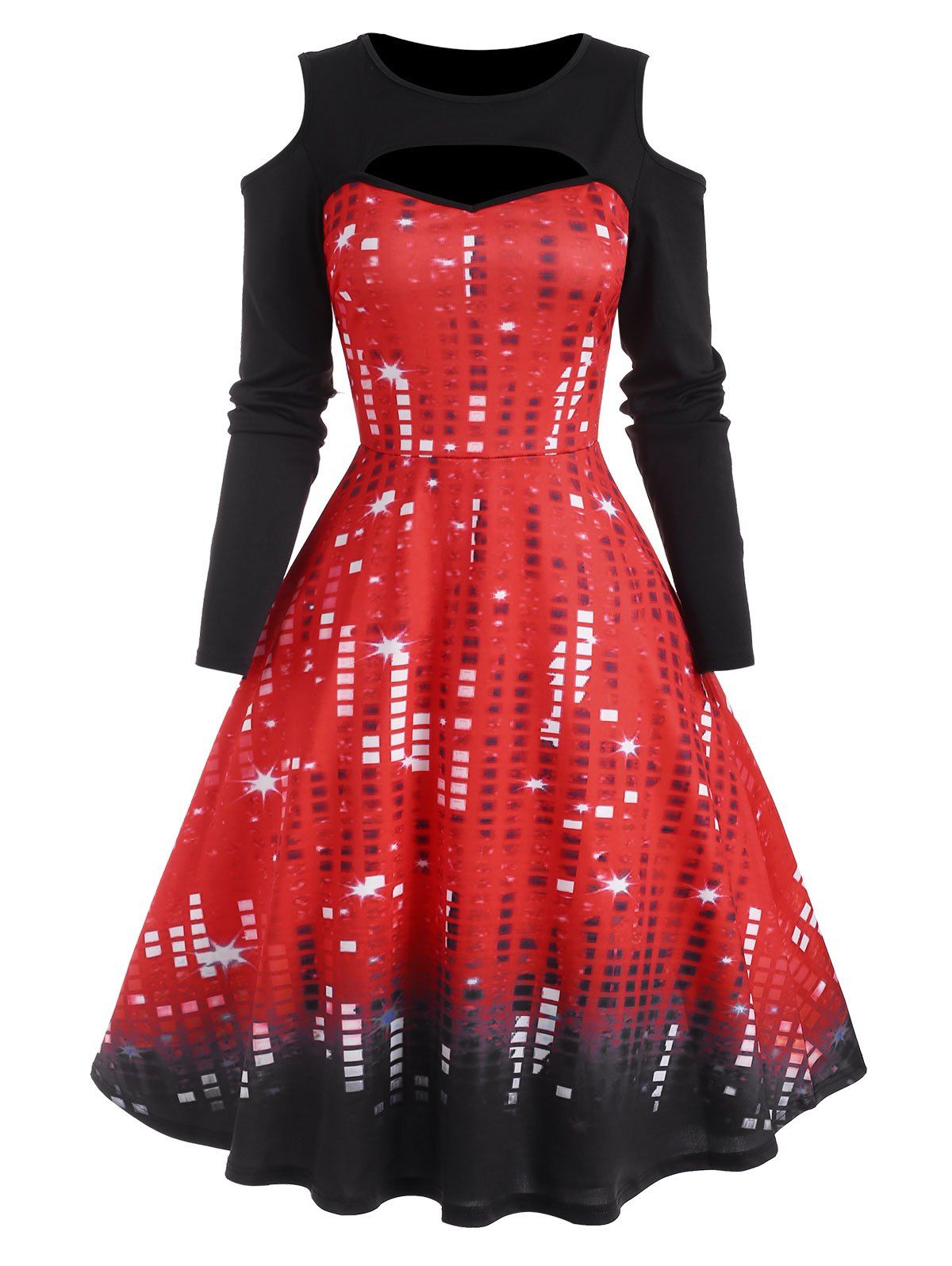 Sequin Print Cutout Cold Shoulder Dress - RED L