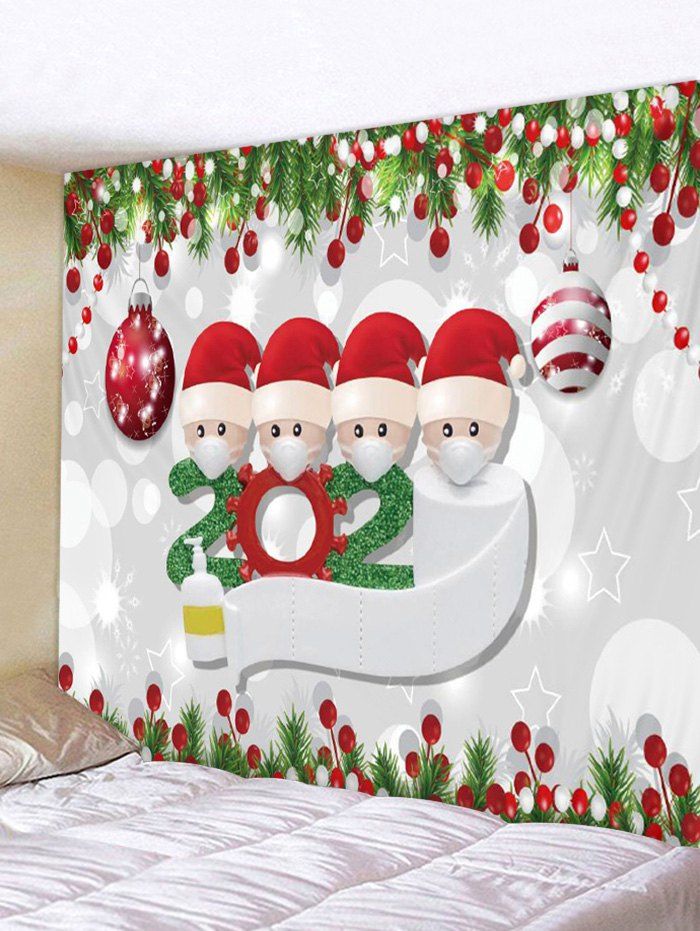 Christmas Ball Santa Print Wall Tapestry - CRYSTAL CREAM W91 X L71 INCH