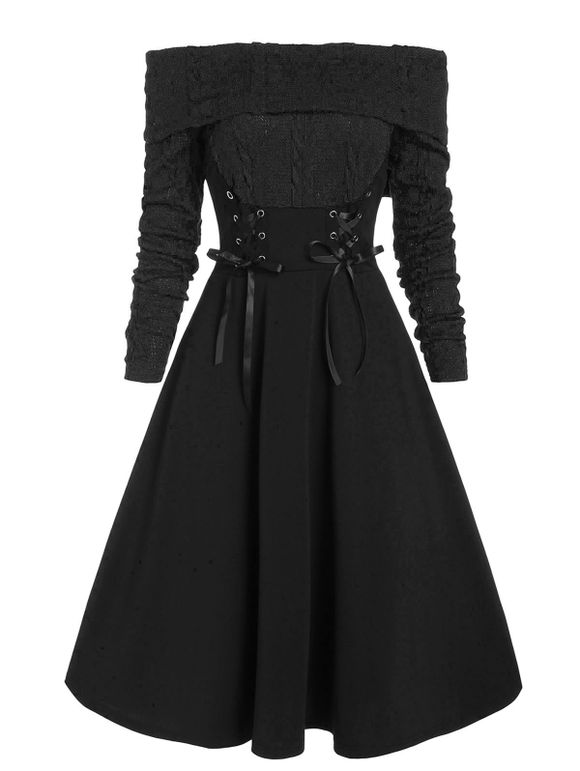 Robe Style Corset Epaule Dénudée en Tricot à Câble à Lacets - Noir L