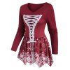 Lace-up Christmas Snowflake Print Long Sleeve Top - DEEP RED XXL