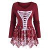 Lace-up Christmas Snowflake Print Long Sleeve Top - DEEP RED XXL