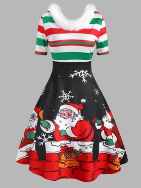Christmas Santa Claus Snowflake Striped Faux Fur Insert Dress