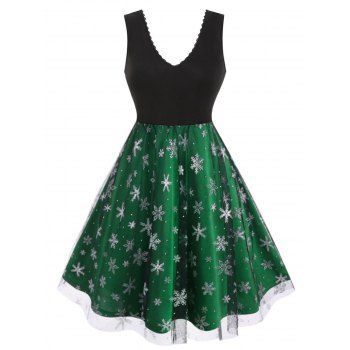 

Plus Size Christmas Snowflake Mesh Flare Dress, Green